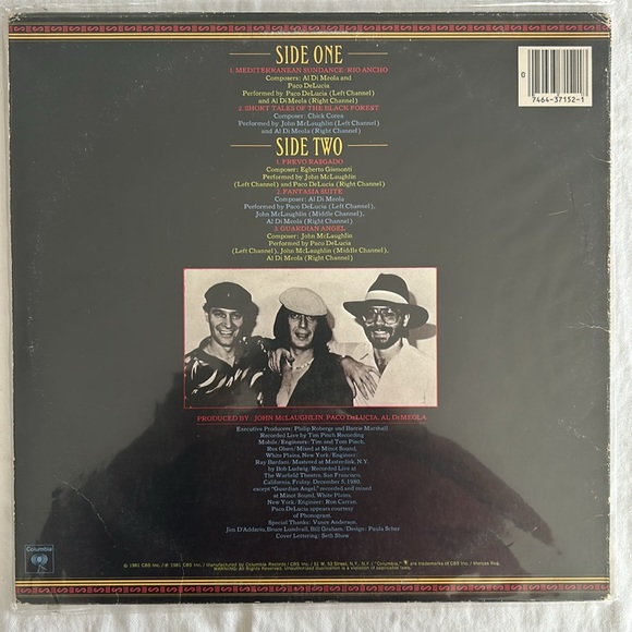 VINYL John McLaughlin, Paco DeLucia, Al DiMeola FRIDAY NIGHT IN SAN FRANCISCO - Picture 2 of 4